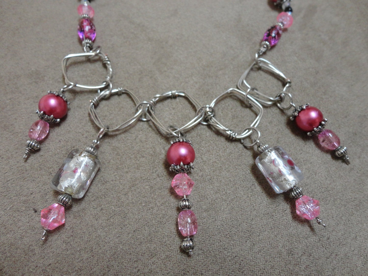 Necklace "Conquest" showcase art necklace with pink and purple glass beads, pearls & silver plated accents and modern wire wrapped squares