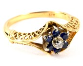 Vintage Diamond and Natural Sapphire Art Nouveau Style Ring 14kt Yellow Gold