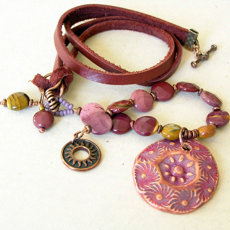 Southwestern Leather Necklace with Ceramic Spiral Pendant Jasper Mookaite Beads Earthy Plum Red Pink