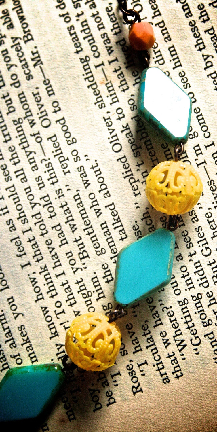 Vintage Teal and Yellow Hand Beaded Necklace Antique