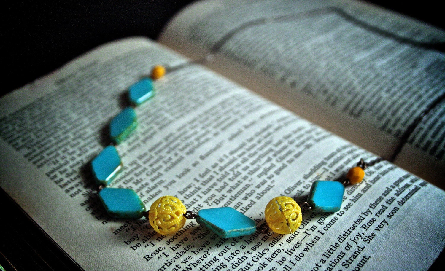 Vintage Teal and Yellow Hand Beaded Necklace Antique