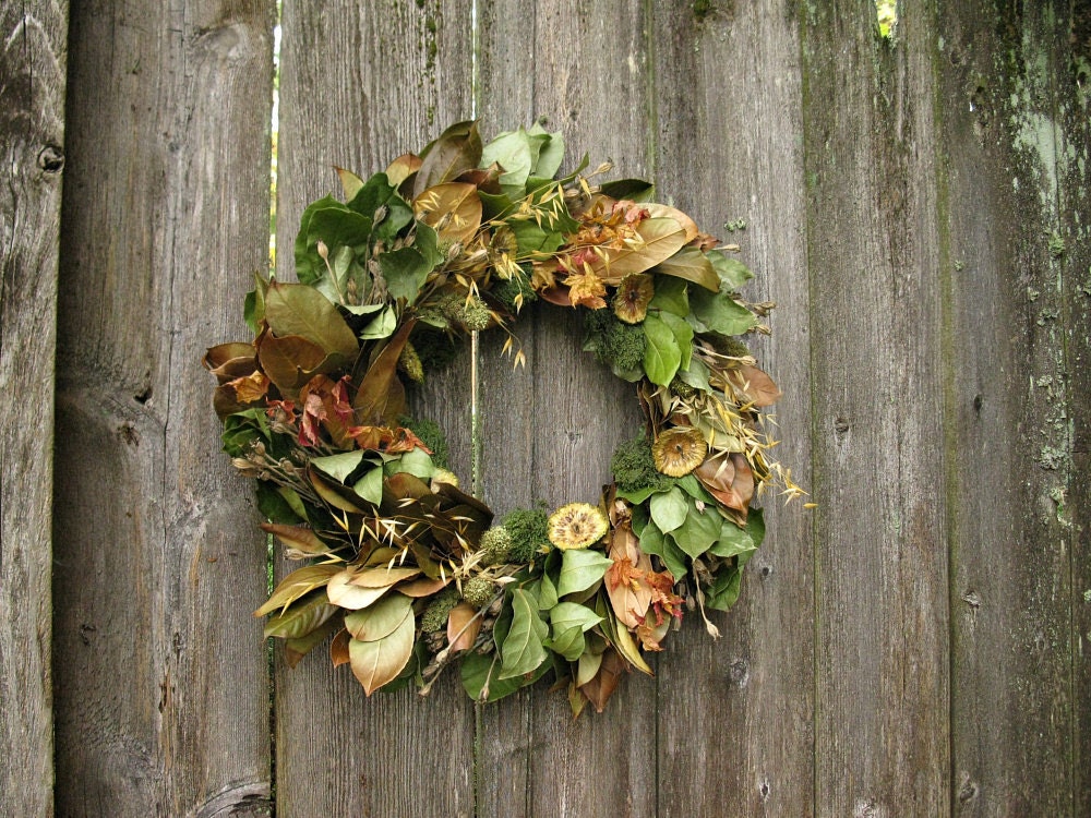 Natural Wreath - Orange Blossom - with Osage Orange, Oats, Vine Maple, Millet, Rose Campion, Pom Pon, Lemon leaf, and Laurel