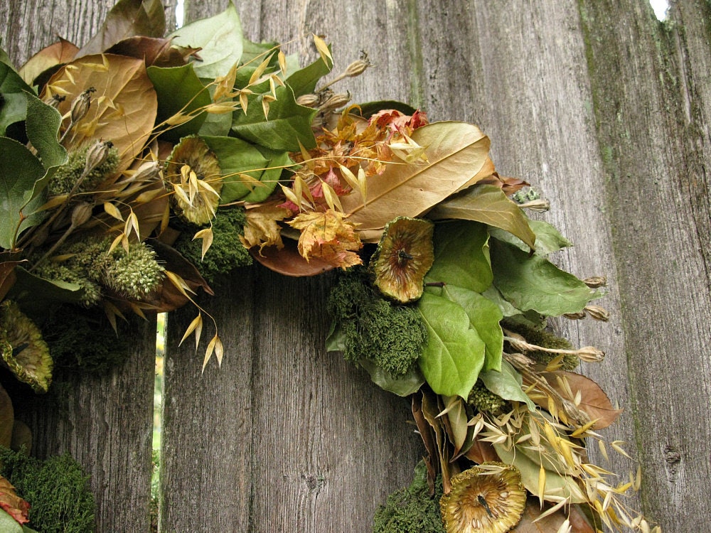 Natural Wreath - Orange Blossom - with Osage Orange, Oats, Vine Maple, Millet, Rose Campion, Pom Pon, Lemon leaf, and Laurel