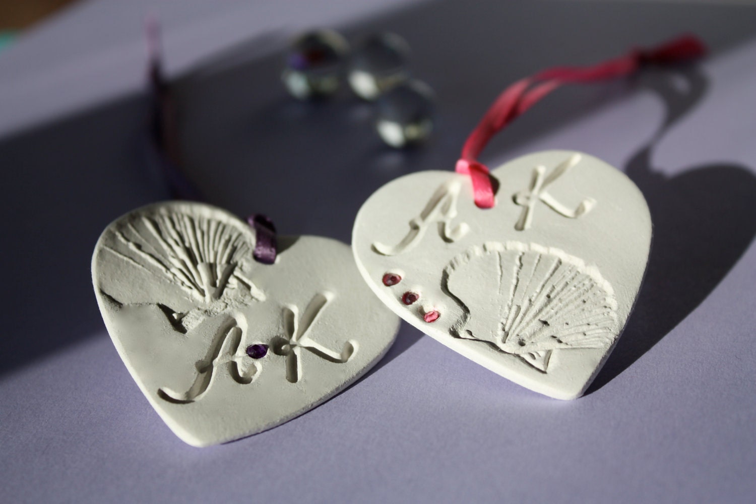 Customized Beach Wedding Favor Gift Ornament,  White clay Heart  with Initials & Date, crystals, on a satin ribbon