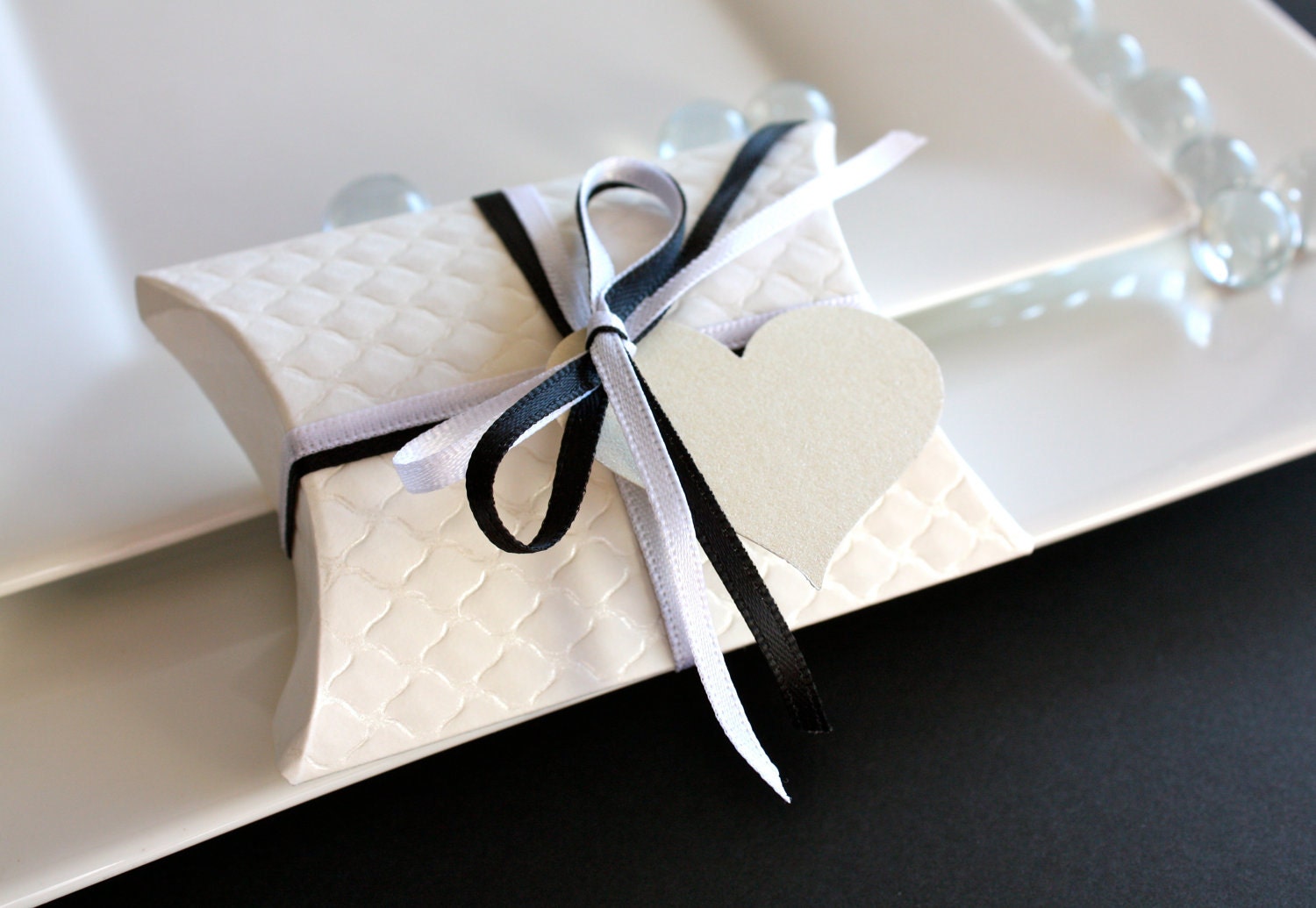 Pillow Favor Gift Box - White Emboss Quilt favor box with ribbon and tag.
