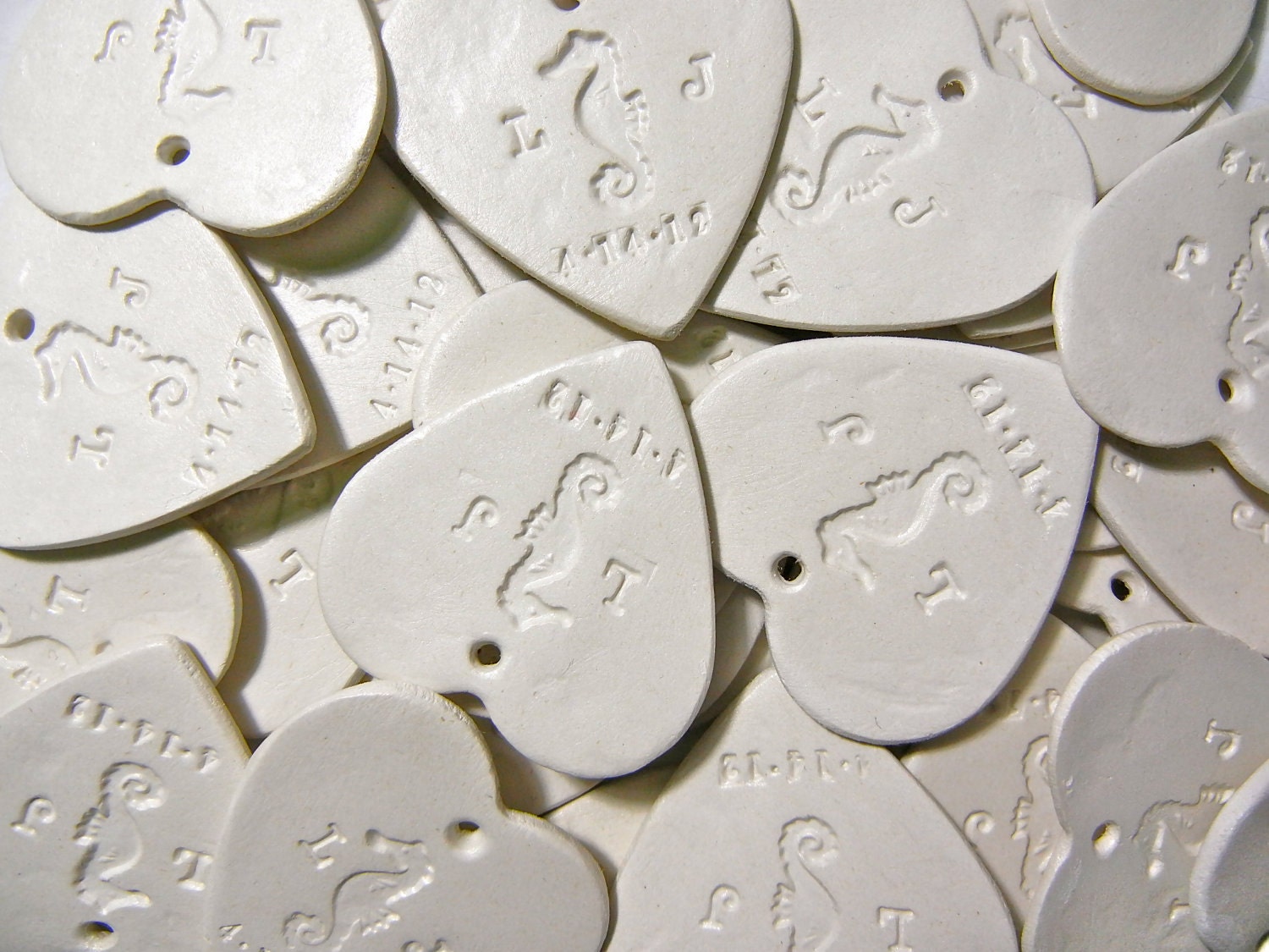 Customized Favor Gift Ornament,  White clay Heart  with Initials & Date, for Wedding, Christmas, Holiday, on a satin ribbon