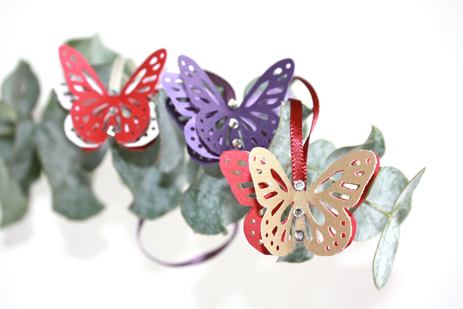 Butterfly Favor Gift Ornament, for Wedding, Christmas, Holiday, Paper on a satin ribbon, with crystals