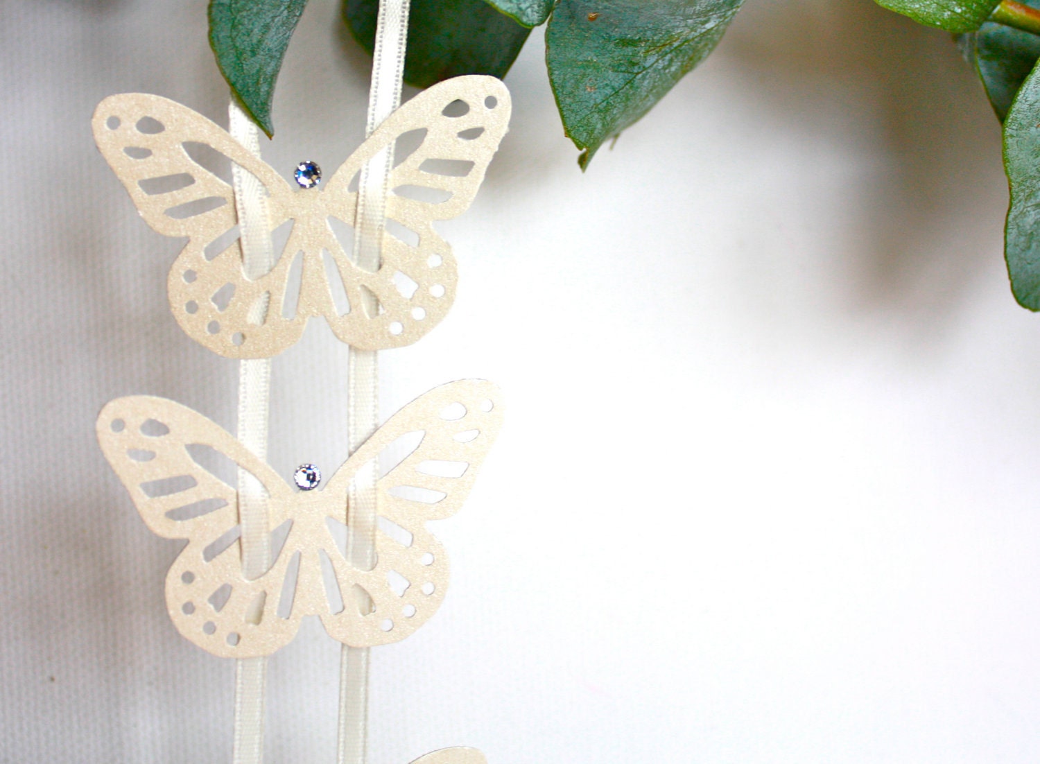 Butterfly Garland Ornament, centerpiece decor for Wedding, Christmas, Holiday, Paper on a satin ribbon, with crystals