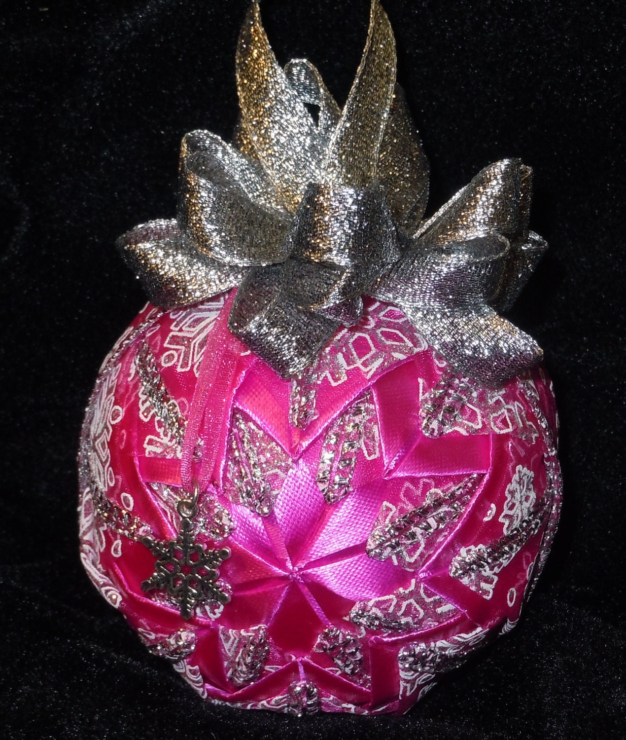Hot pink with silver snowflakes, quilted ornament