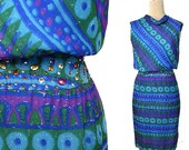 1960s Vintage Print Silk Party Dress, Wiggle Blouson Blue / Purple S / M