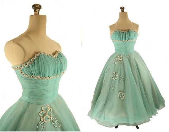 50s Fifties Strapless Ball Gown Dress, XS Aqua Chiffon & Pearls