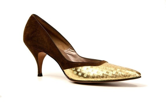 Size 6 N Vintage Joseph LaRose High Heels, Brown Suede / Metallic Gold