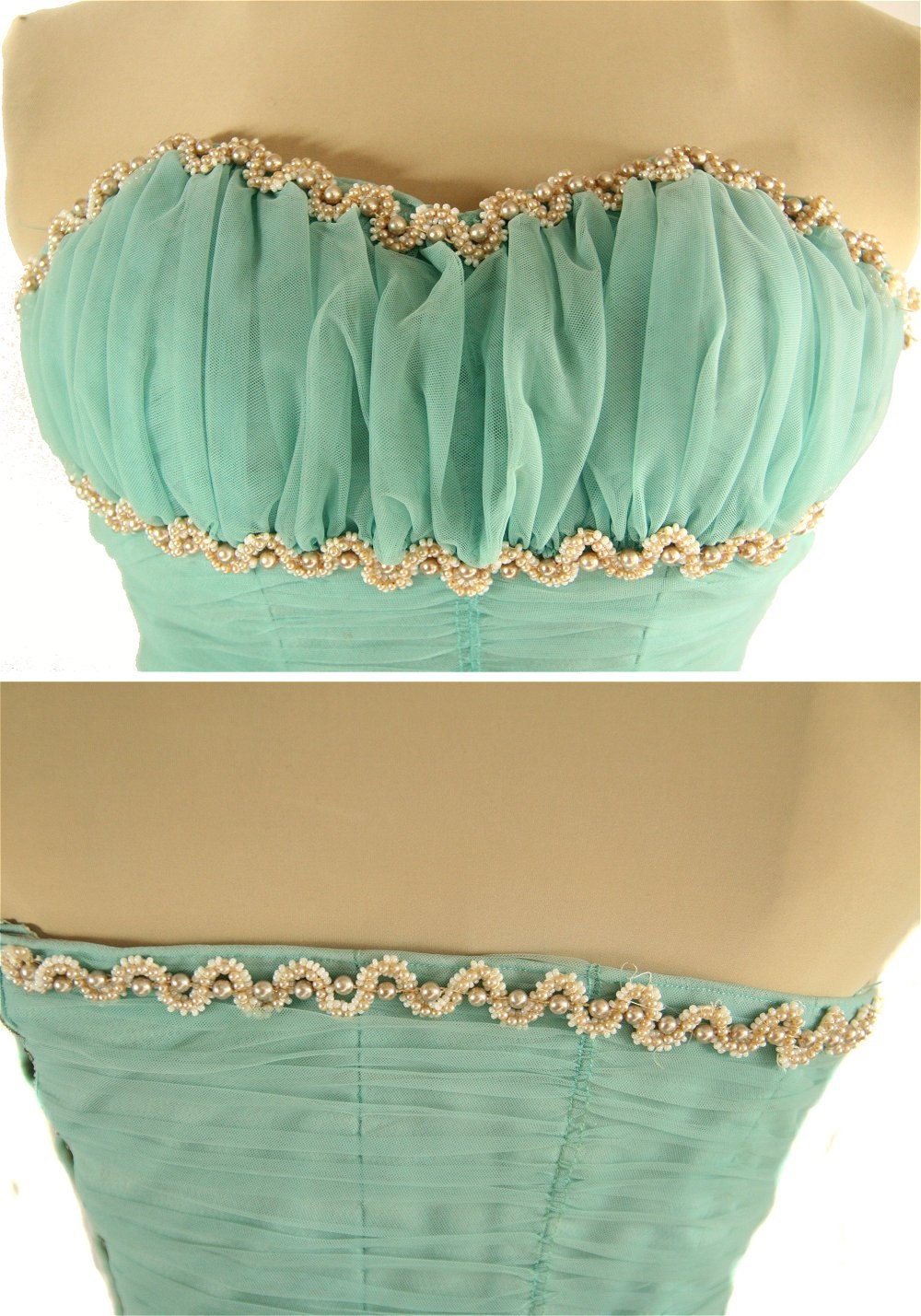 50s Fifties Strapless Ball Gown Dress, XS Aqua Chiffon & Pearls