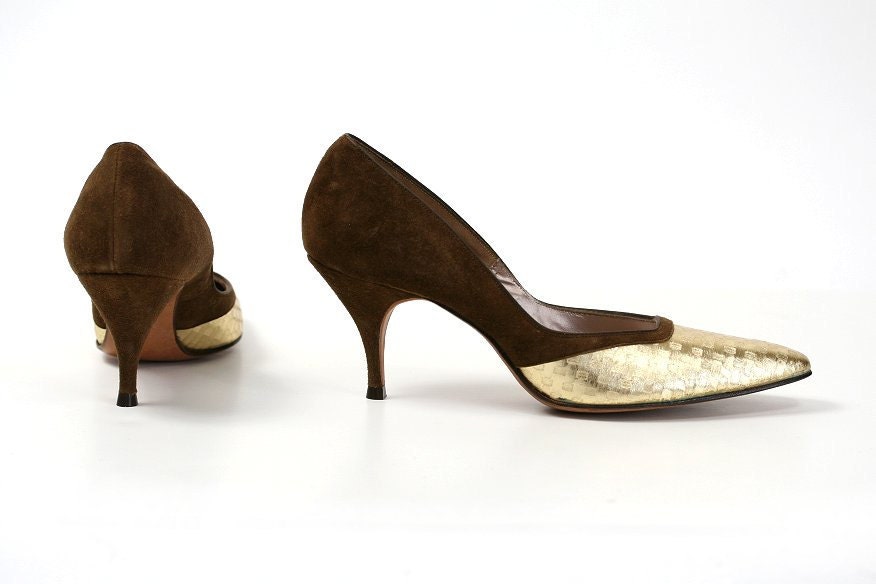 Size 6 N Vintage Joseph LaRose High Heels, Brown Suede / Metallic Gold
