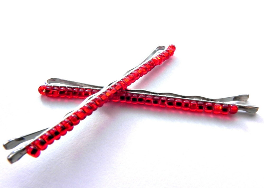 Beaded Bobby Pins: glitzy red hand beaded bobby pins for hair, gifts for her, valentine hair accessories, girls, women