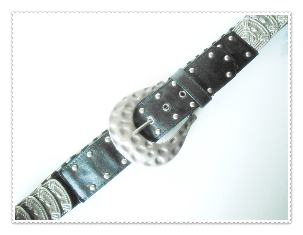 Stretchy Elastic FISH SCALE Belt Sz Large Big Hammered Buckle and Rivets UNISEX Womens Mens Elastic