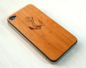 Anchor & Rope Etching on Real Wood iPhone 4 Skin Cover