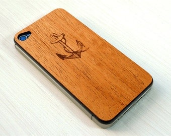 Anchor & Rope Etching on Real Wood iPhone 4 Skin Cover