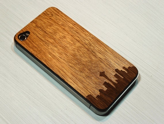 Seattle Skyline Etching on Real Wood iPhone 4 Skin Sticker