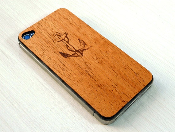 Anchor & Rope Etching on Real Wood iPhone 4 Skin Cover