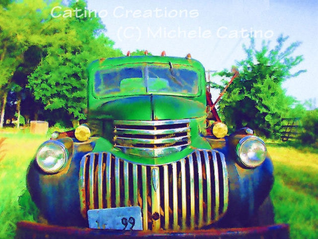 Chevy Truck Photo, Vintage Green Truck in a Field with Blue Sky. Signed Photo "Watercolor" artwork.