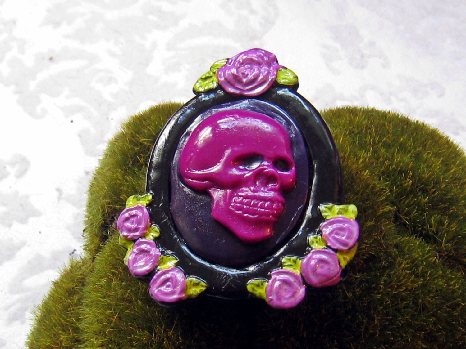 Skull Cameo Pendant OR Brooch (purple with flowers)