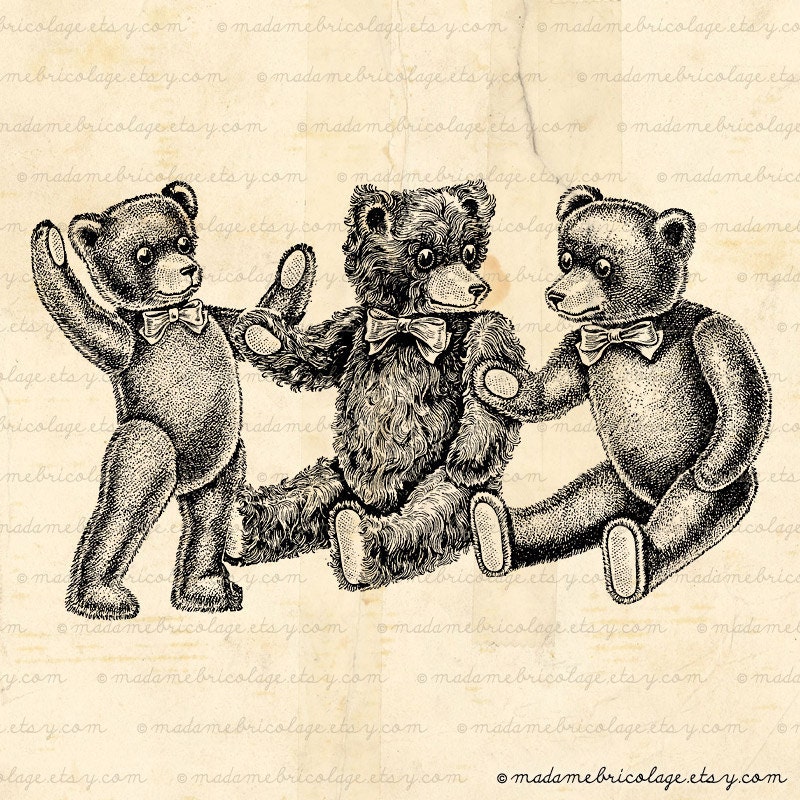 INSTANT DOWNLOAD Victorian Teddy Bears Digital Download for Iron on Transfer, Papercrafts, Pillows, T-Shirts, Tote Bags, Burlap, No 00023