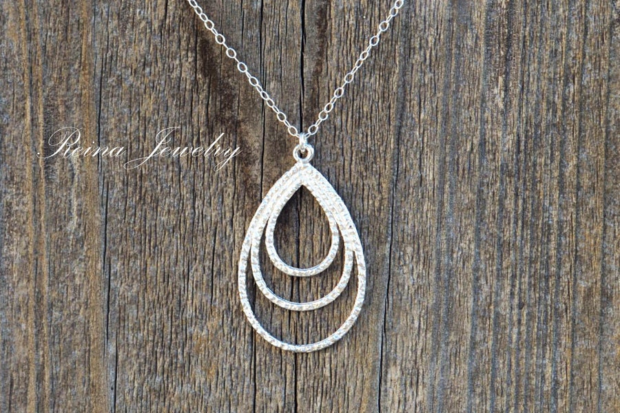 Teardrop Necklace - Silver Charm - Metal Necklace - Wedding Party Gifts - Reina Jewelry