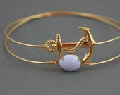 Gold Anchor and lilac vintage glass modern thin bangle set