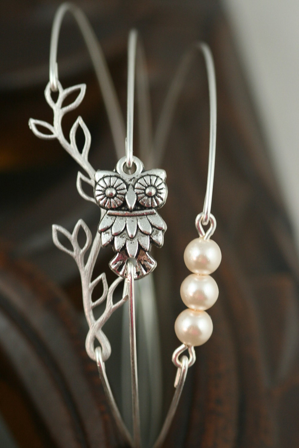 Silver Bracelet, Silver Bangle, Owl Bracelet , Pearl Bracelet, Branch Twig Bracelet, Stackable jewelry, Bird Bracelet, Wire Bangle