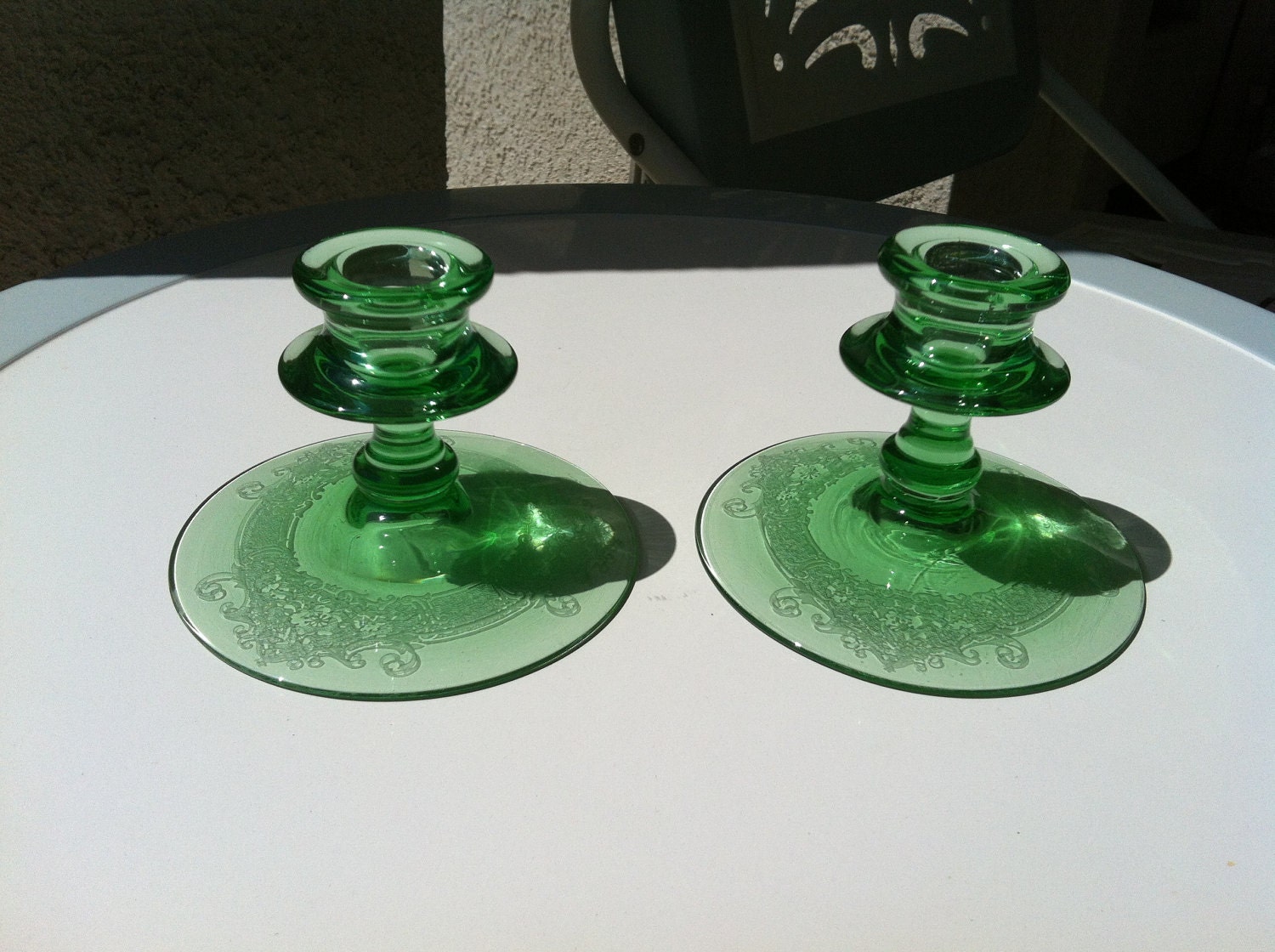 Gorgeous Set of 2 Green Depression Glass Candle Holders, Vesper Pattern by Fostoria