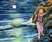 Moonlight Decision. Romance Art, Girl Hanging on Cliff, Twilight Ocean Girl, 35 x 25 in. Dan Leasure Oil