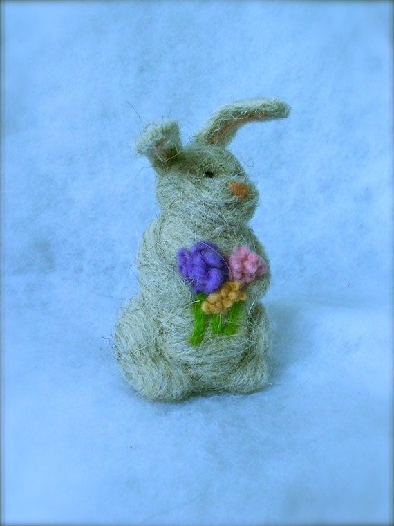 Bunny Rabbit Needle Felted CHARMING Soft Sculpture OOAK Flowers Bouquet
