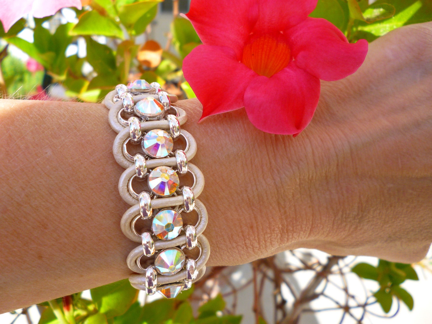 Crystal Cuff Bracelet Pearl White Leather and Swarovski AB Rhinestones Brides Bridesmaids Wedding Bling