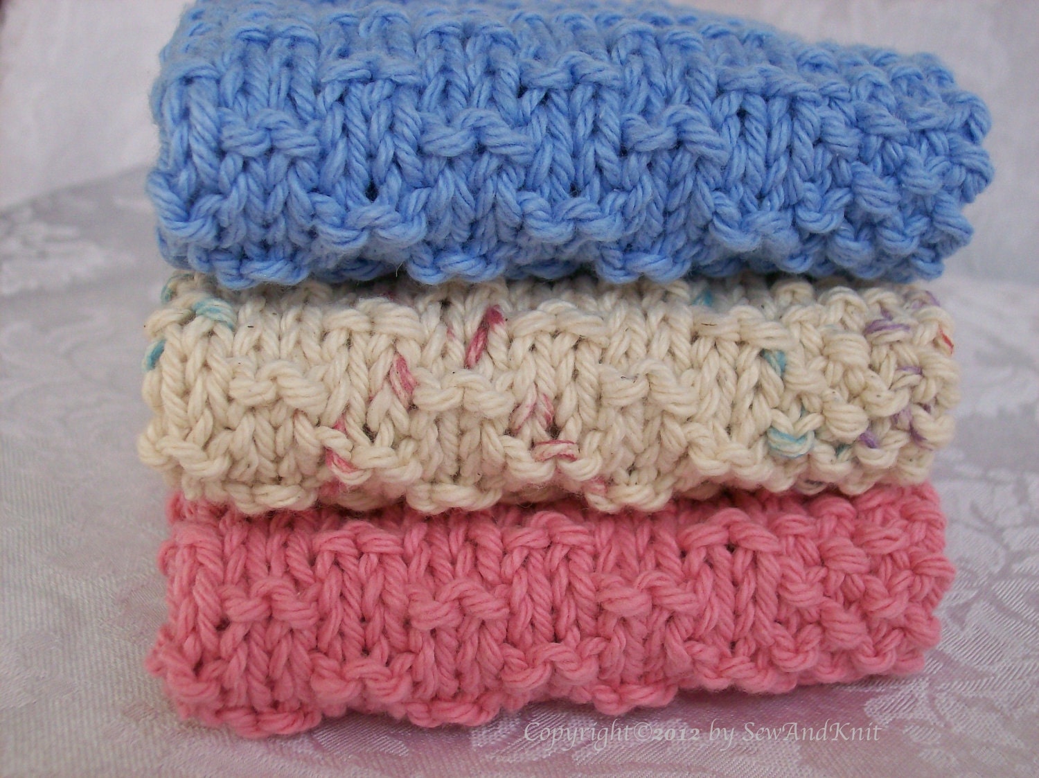 Wash Cloths, Dish Cloths, Face Cloths, Cleaning Cloth - Hand Knit Set of Three Cotton Cloths - Cornflower Blue, Rose and Natural Ombre