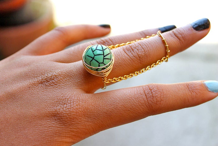 Gold (or Silver) Mint Green Double Chain Ring