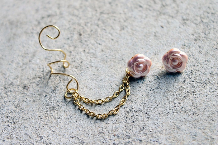 Gold (or Silver) Pink Flower Ear Cuff Earring