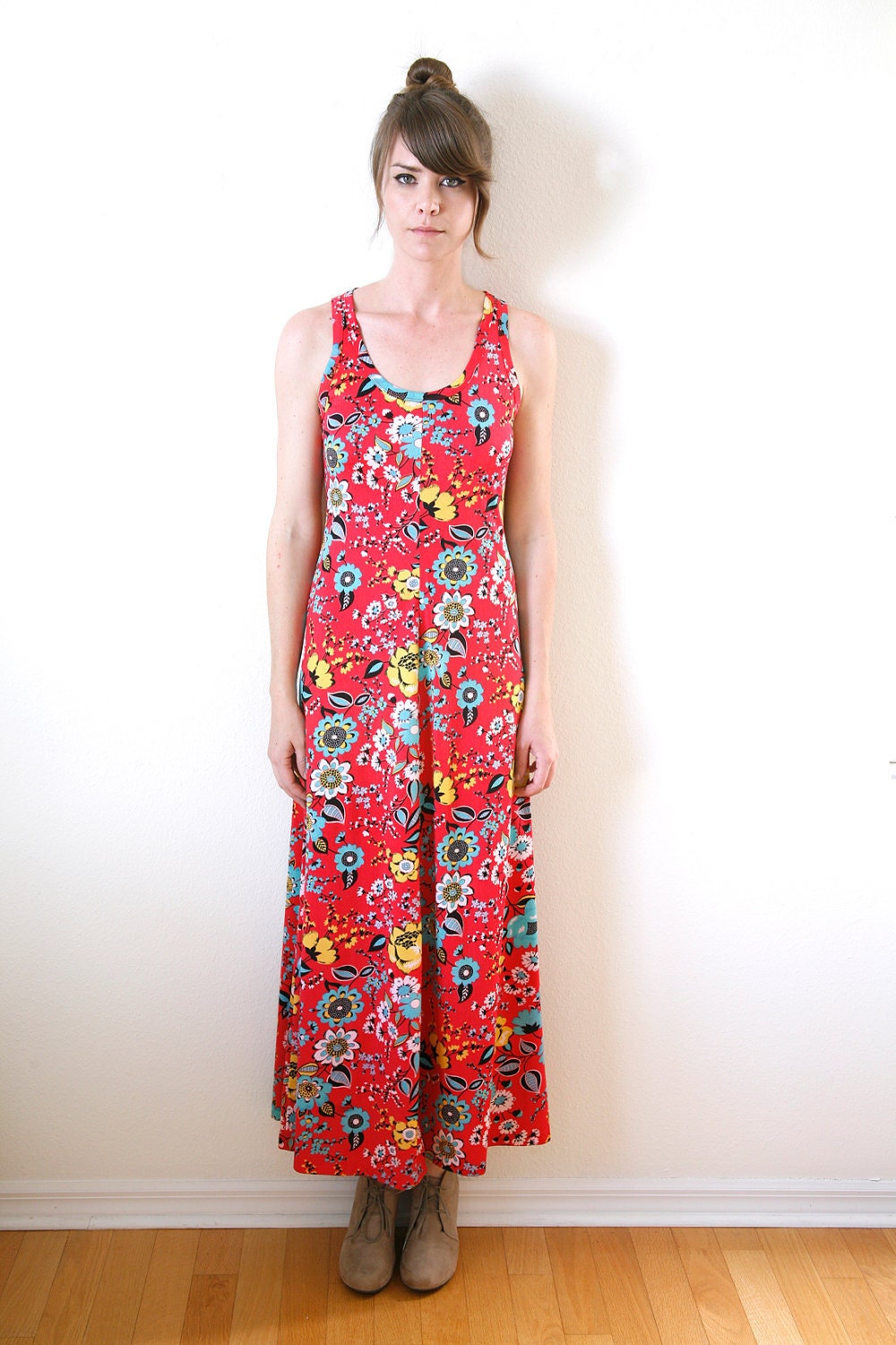 Floral Maxi Tank Dress Bright Red with Yellow,Turquoise, and Pale Pink Flowers Medium Vtg 60s/70s