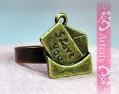 Vintage Style Brass Love letter Adjustable Ring, Loving mail
