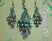 Brass Elegant vintage style Peacock Jewelry, Peacock Necklace and Peacock Earrings Set, Blue and purple Crystals feather