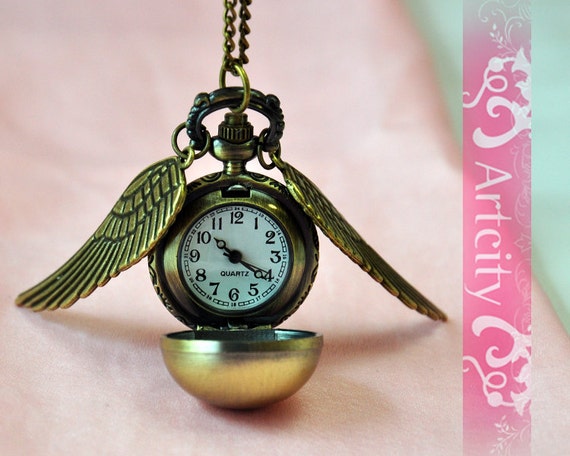 Harry Potter Golden Snitch Watch Necklace, with Golden double side wings