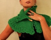 Cable Knit Capelet Green Pure Wool Cape Poncho Cowl Scarf Neck Warmer Wrap Wood Button / Fall Winter Accessories