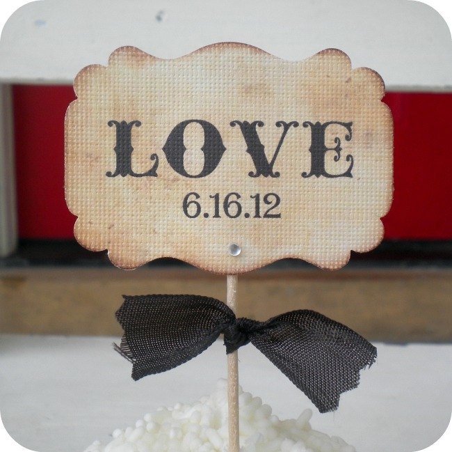 NEW - Personalized Vintage Love Wedding / Bridal Shower Cupcake Toppers - W/ Gems - Cottage Shabby Chic / Any Color - Set of 10