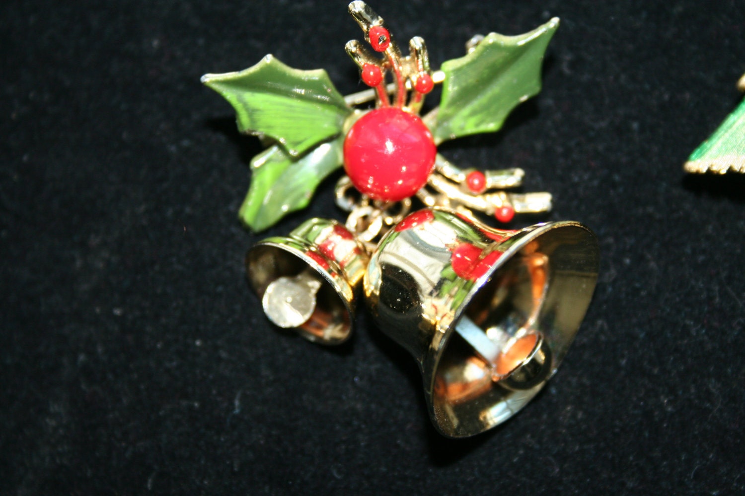 Christmas Pins Holiday Brooches  Bells Christmas Tree Jeweled Ornament Count of Three