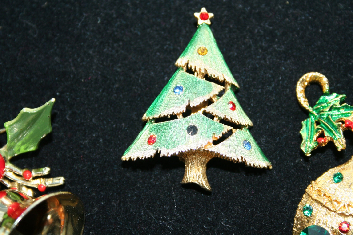 Christmas Pins Holiday Brooches  Bells Christmas Tree Jeweled Ornament Count of Three