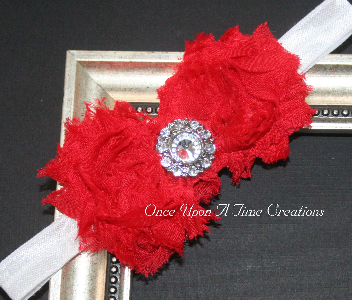 Red and White Shabby Chic Flower Rose Headband w/ Stunning Rhinestone Center - Photo Prop -  Special Occation - Simple Yet Elegent