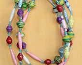 Multi Color Paper Beads Necklace. Extra Long Lariat. Papier Mache Beads. Ethnic Style. Hand Rolled. Paper Marche PS10. MapenziGems