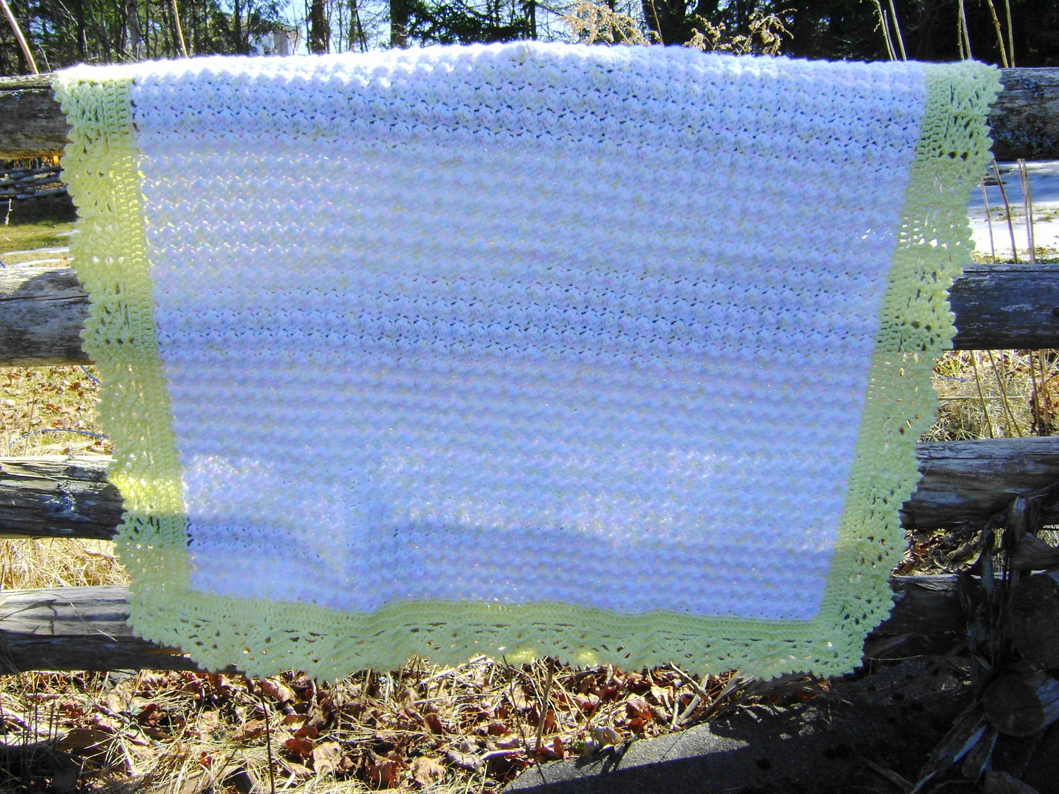 Crocheted Baby Blanket Soft Pastels and Yellow Trim