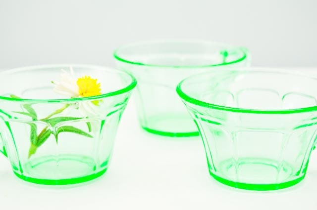 FINAL SALE Vintage Set of Three Vaseline Green Depression Glass Teacups