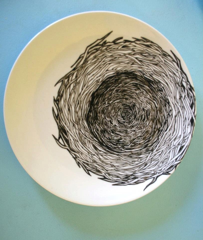 Bird Nest Black & White Hand Drawn Plate